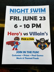 NIGHT SWIM poster with details and graphic images of superheroes